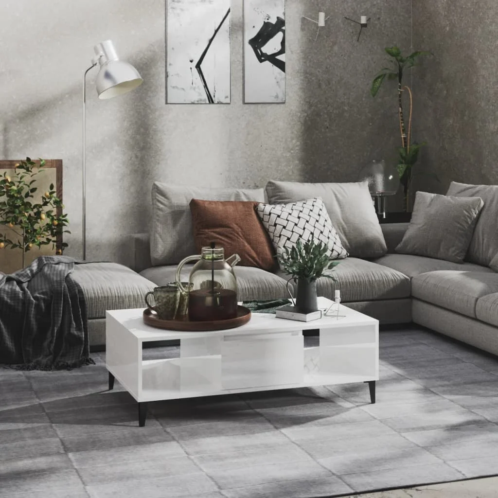 

Coffee Table with Metal Legs, Chipboard Tea Table, Livingroom Furniture High Gloss White 103.5x60x35 cm