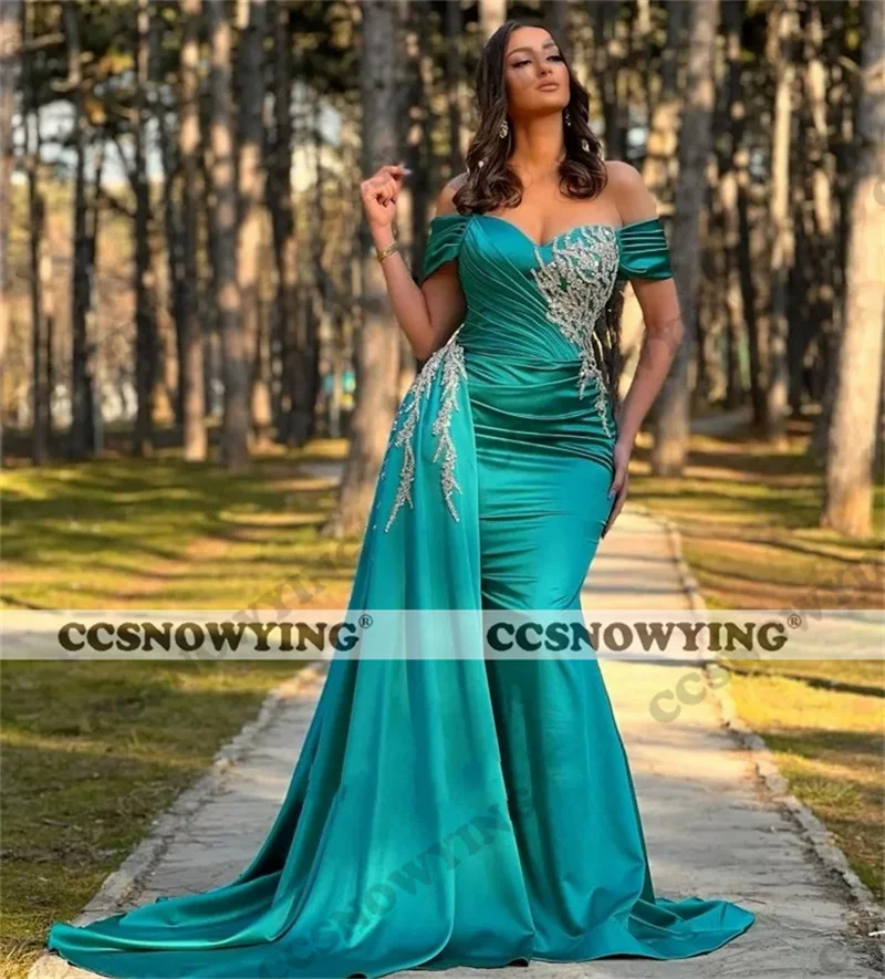 

Sexy Mermaid Off Shoulder Prom Dresses Satin Beaded High Slit Formal Evening Party Dress Robe De Soiree