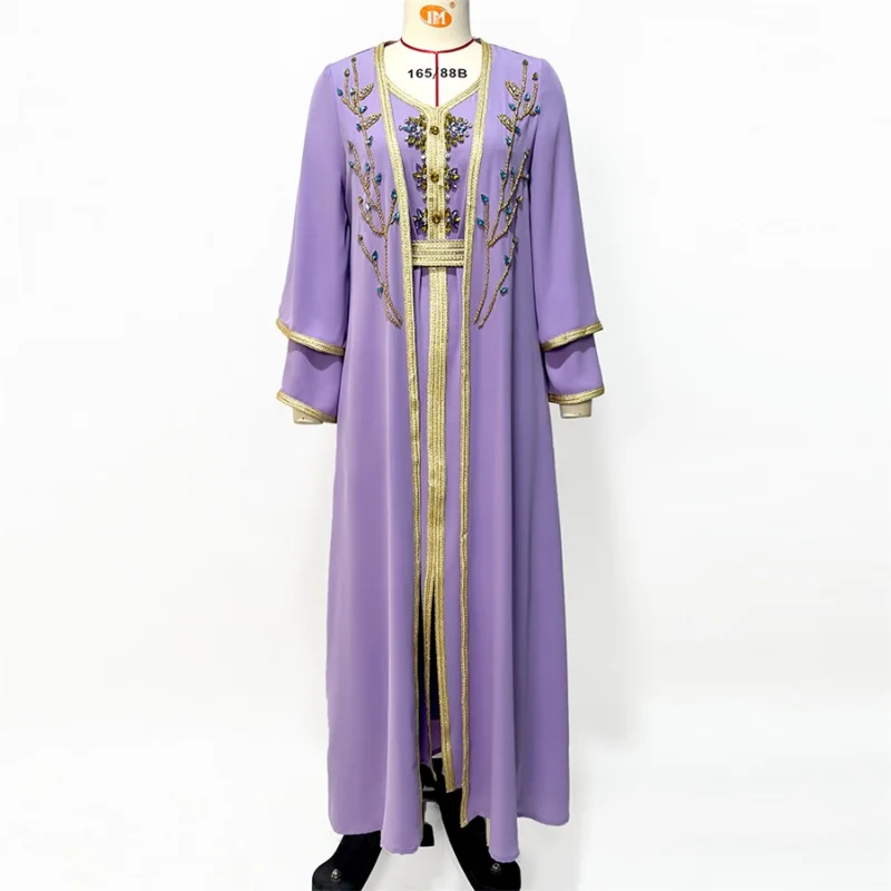 Eid-al-Adha Party Evening Abaya Dress Set for Women Gorgeous Rhinestone Golden Tape Trim Moroccan Caftan Arab Dubai 2 Pieces Set
