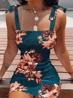 sexy off shoulder bow lace up bodydcon summer dress elegant sleeveless floral print mini dress women slim vacation beach dresses