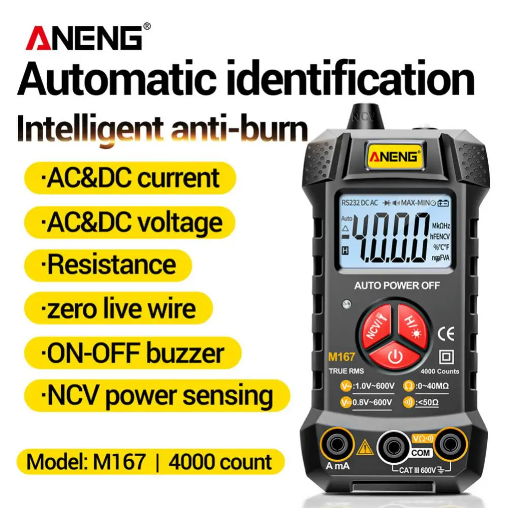 

ANENG M167 Digital Mini Multimeter 4000 Counts AC/DC Electrical Instruments Tester Auto Multimetro True Rms Transistor NCV
