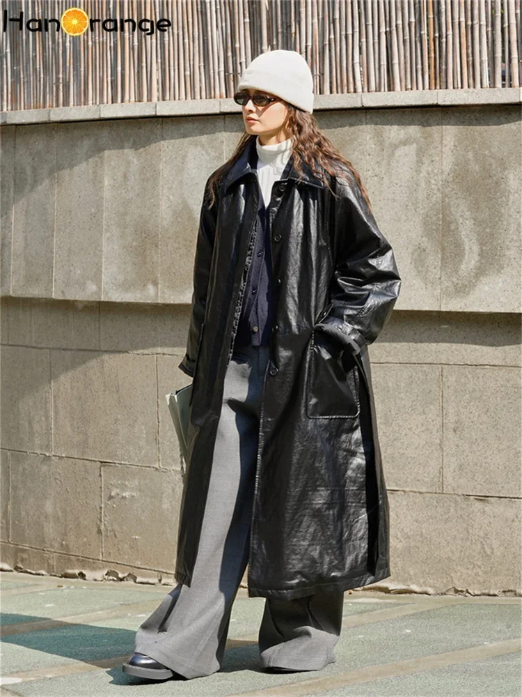 

HanOrange 2023 Winter Fashion Modern Silhouette PU Cotton-Padded Windbreaker Trench Coat Loose Warm X-Long Parkas Black/Coffee