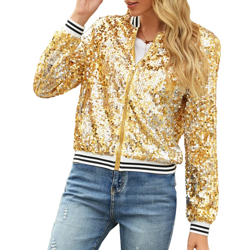 Женская Блестящая легкая куртка на молнии с длинным рукавом