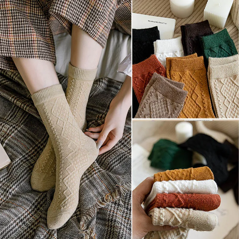 

Winter Cashmere Wool Woman Socks Solid Japanese Style Harajuku Women Girls Thermal Vintage Streetwear Crew Sock Retro Long Socks