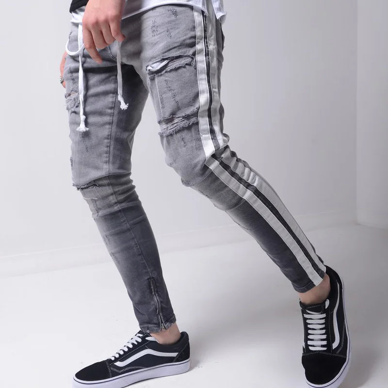 

Men Stretchy Ripped Skinny Biker Embroidery Print Jeans Destroyed Hole Taped Slim Fit Denim Scratched High Quality Jean