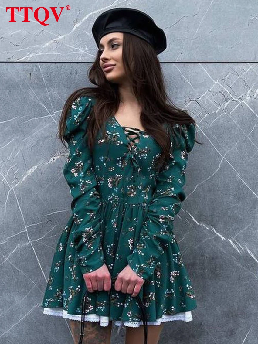 

TTQV Elegant Green Bandage V-Neck Womens Dresses Fashion Long Sleeve High Waist Lace Dresses Casual Patchwork Pleated Mini Dress