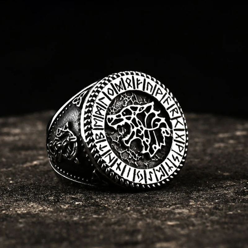 

Vintage Nordic Viking Wolf Head Rune Ring Fashion Personality Retro Animal Letter Stainless Steel Jewelry Wholesale