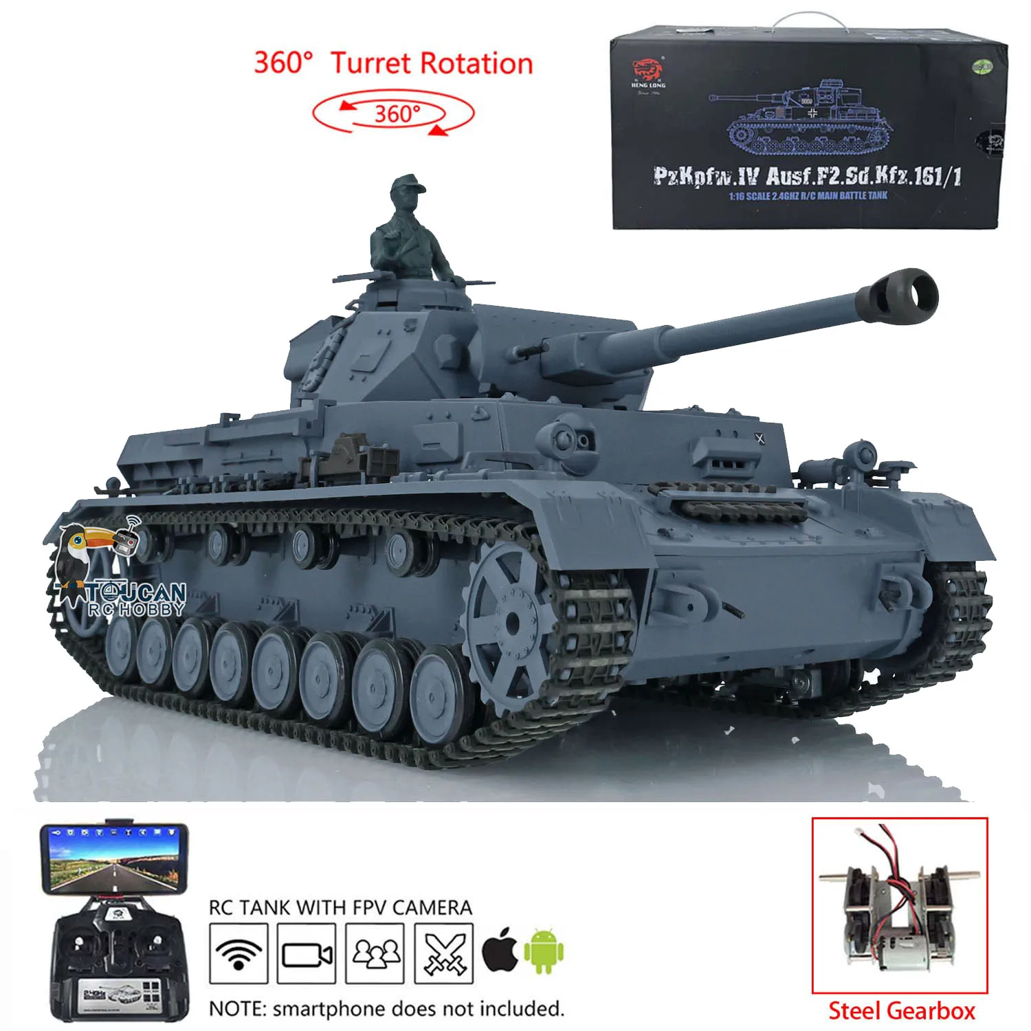 

Heng Long 1/16 Scale 7.0 Plastic FPV Panzer IV F2 Radio-controlled Tank 3859 Steel Gearbox 360° TH17397-SMT5