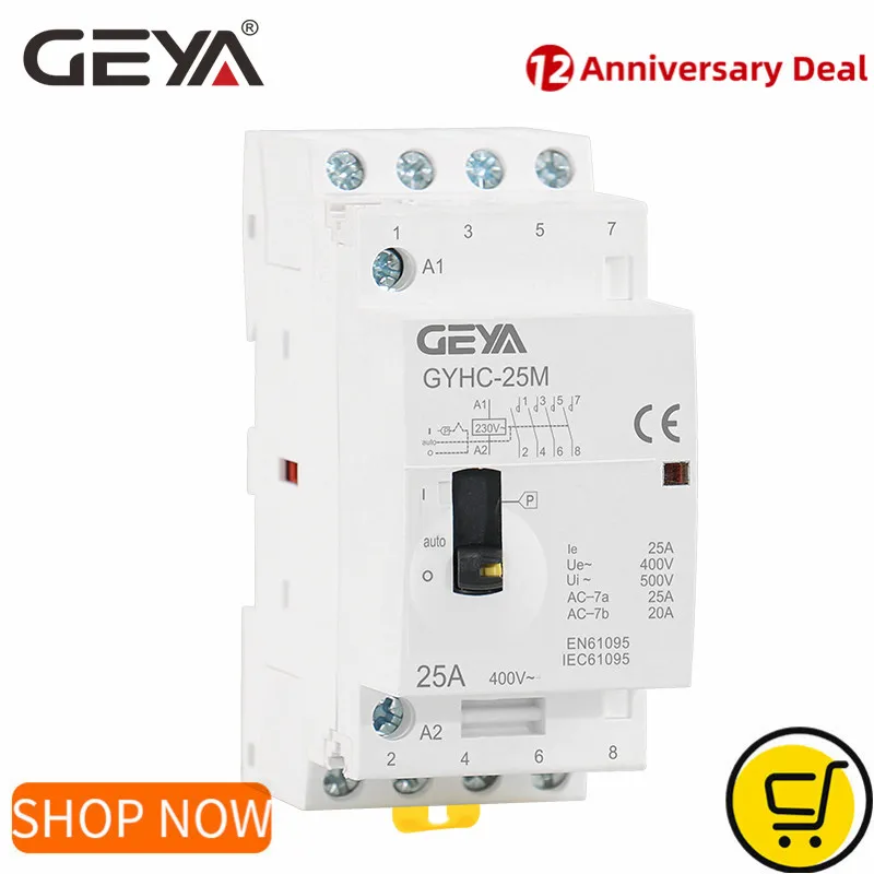 

GEYA GYHC Manual Contactor 4P 25A 4NO 2NO2NC 220V/230V Din rail Household AC Modular Contactor 50/60HZ