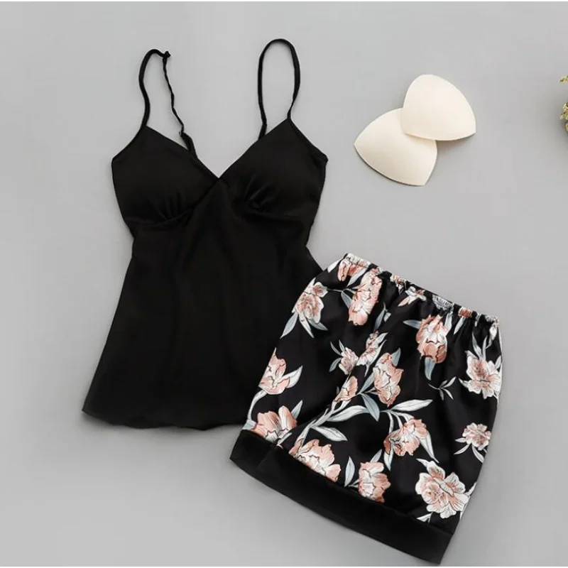 

Factory price 2pcs satin sleepwear camisole and short pants nightwear for women