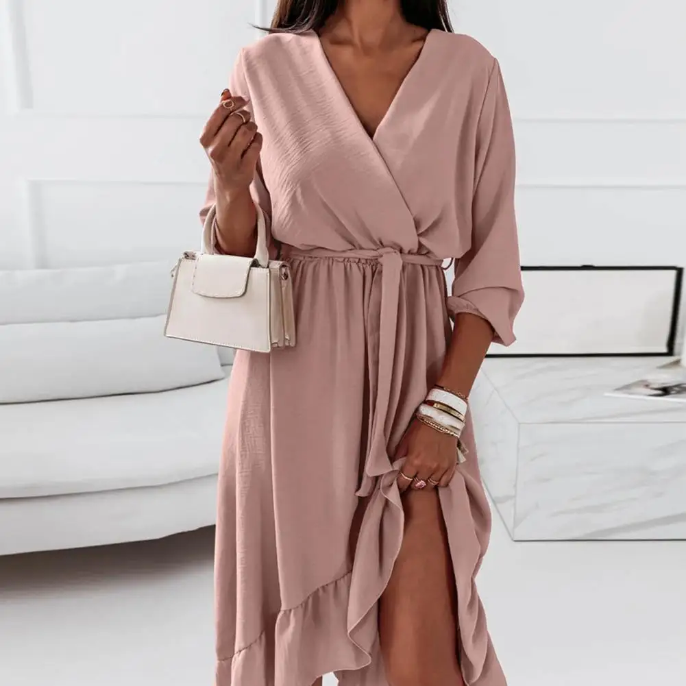 

Cross V-Neck Long Sleeves Waist Lace-up A-Line Autumn Dress Simple Pure Color Ruffle Stitching Hem Dress Female Clothes