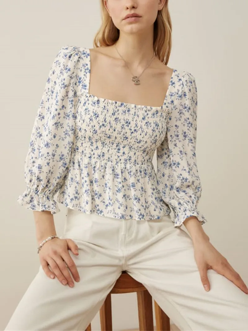 

Women's Print Ruffles Shirt 2022 new Three Quarter Sleeve Backless Lace-up Top Square Collar fashion Lady Blouse