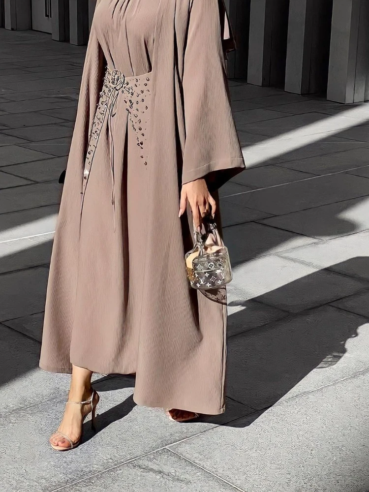 4pcs Matching Muslim Sets Hijab Dress Eid Abayas for Women Dubai Wrinkle Arabic Outfit Islam Open Abaya Kimono Wrap Front Skirt
