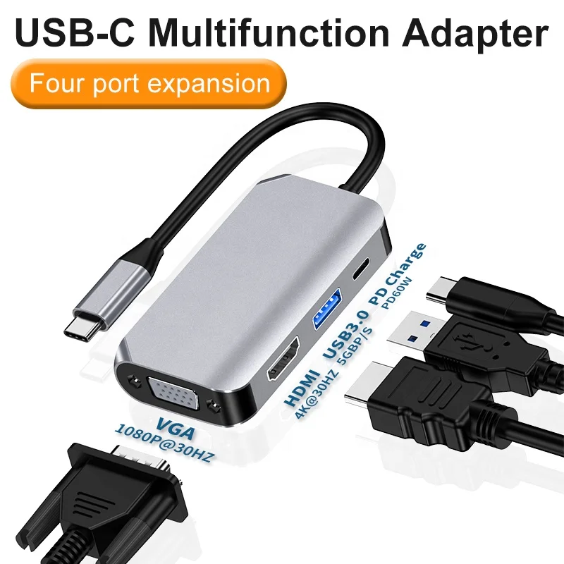 

HW-6004 Laptop Smart Phone USB Type-c Adapter Hub Docking Station Hd-Mi+Vga+Usb3.0+Pd Power Delivery Charger