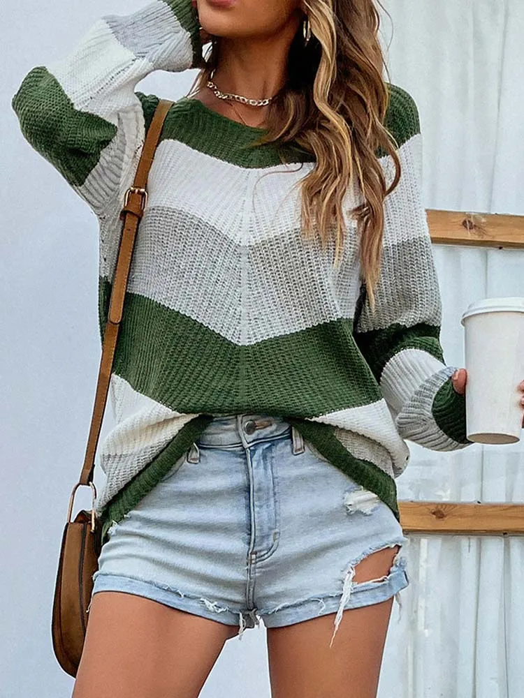 2022 Autumn Knitted Sweater Women Casual Striped Sweater Pullover Women Jumper O Neck Sweaters Ladies