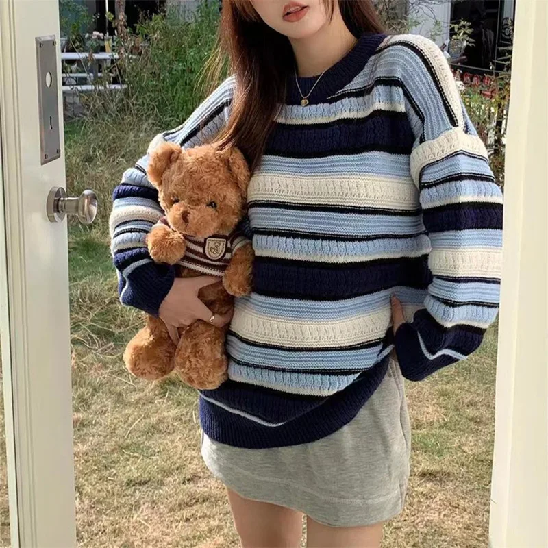 

Women's round Neck Vintage Stripe Sweater New Lazy Style Outdoor All-Matching Pullover Sweater