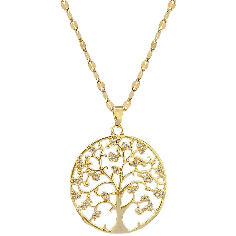 Fashion Round Tree Crystal Pendant Necklace for Women Couple Gold Color Steel Chain Choker Statement Wedding Jewelry Gift