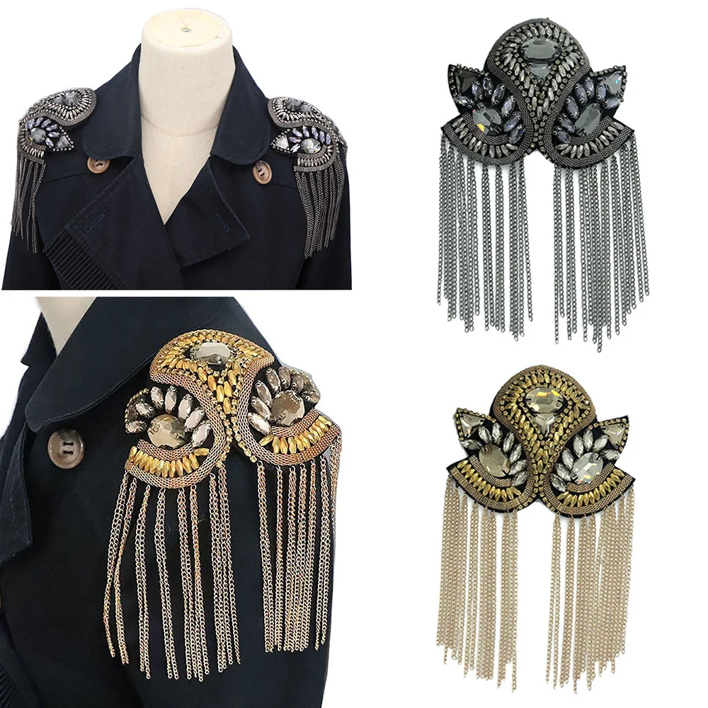 

Handmade Rhinestone Fashion Tassel Chain Shoulder Board Badges Beads Patch Metal Epaulet Epaulette Military Pin On Brooch Medal