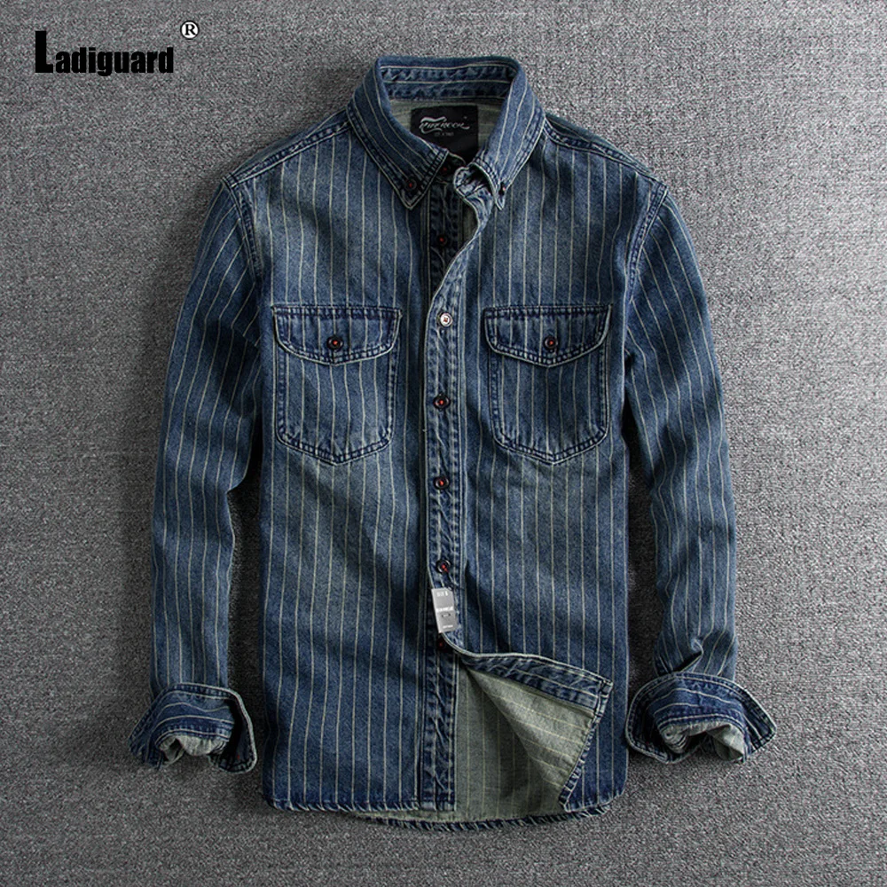 

Ladiguard Men Vintage Demin Shirts Korean Fashion Stripe Blouse 2023 Single Breasted Tops Men's Casual Jeans Shirt blusas hommes