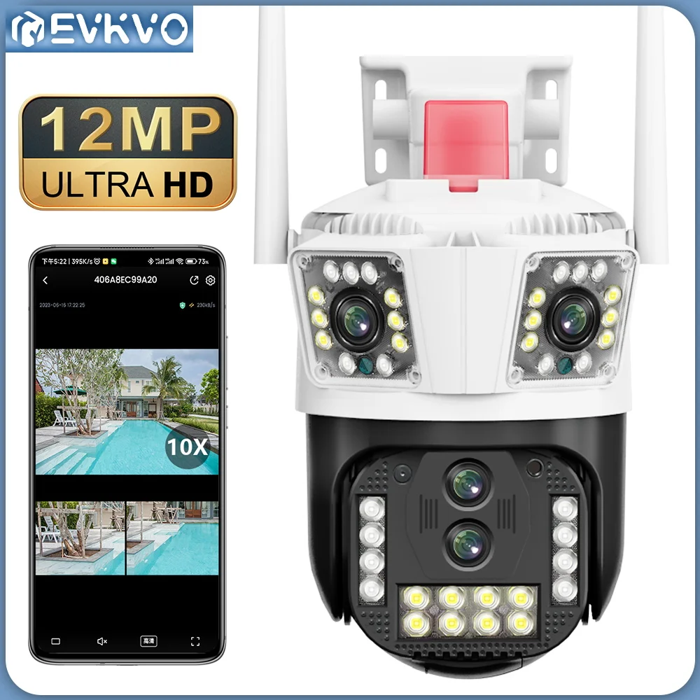 

EVKVO 12MP Four Lens WIFI PTZ Camera Three Screen 10X Zoom AI Human Auto Tracking 9MP Outdoor Security CCTV Surveillance Camera