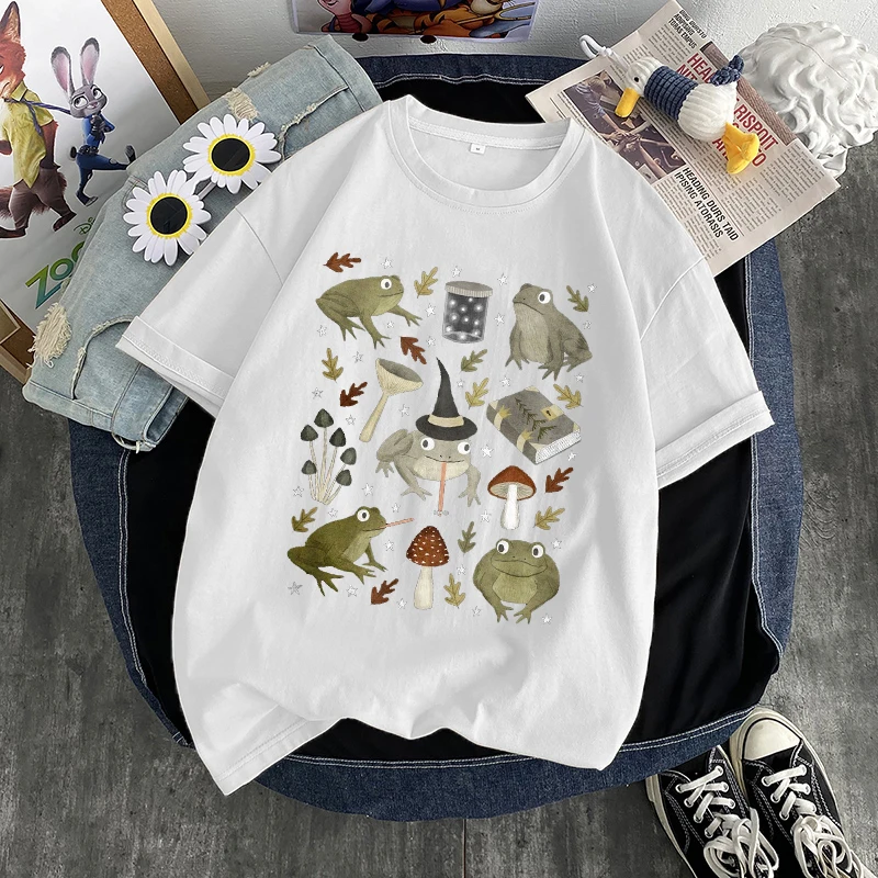 

Women's T-shirt Oversized Frog Magician Mushroom Print Female T-shirt Aesthetic Graphic Tee Ladies T-shirt Fashion Harajuku Tops
