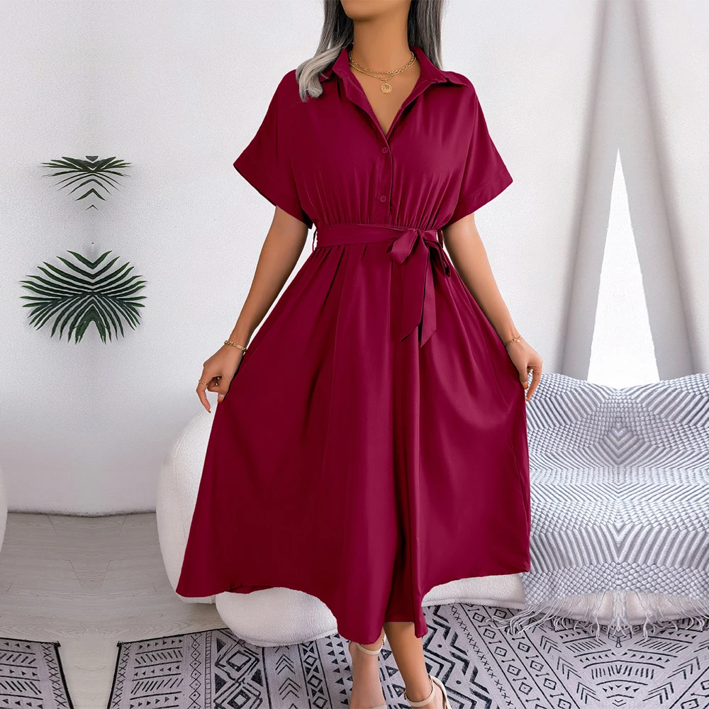 

FICUSRONG Women New Spring Summer Casual Loose Solid Color Lace Up Shirt Skirt Long Dress For Ladies Lapel Neck Button Dresses