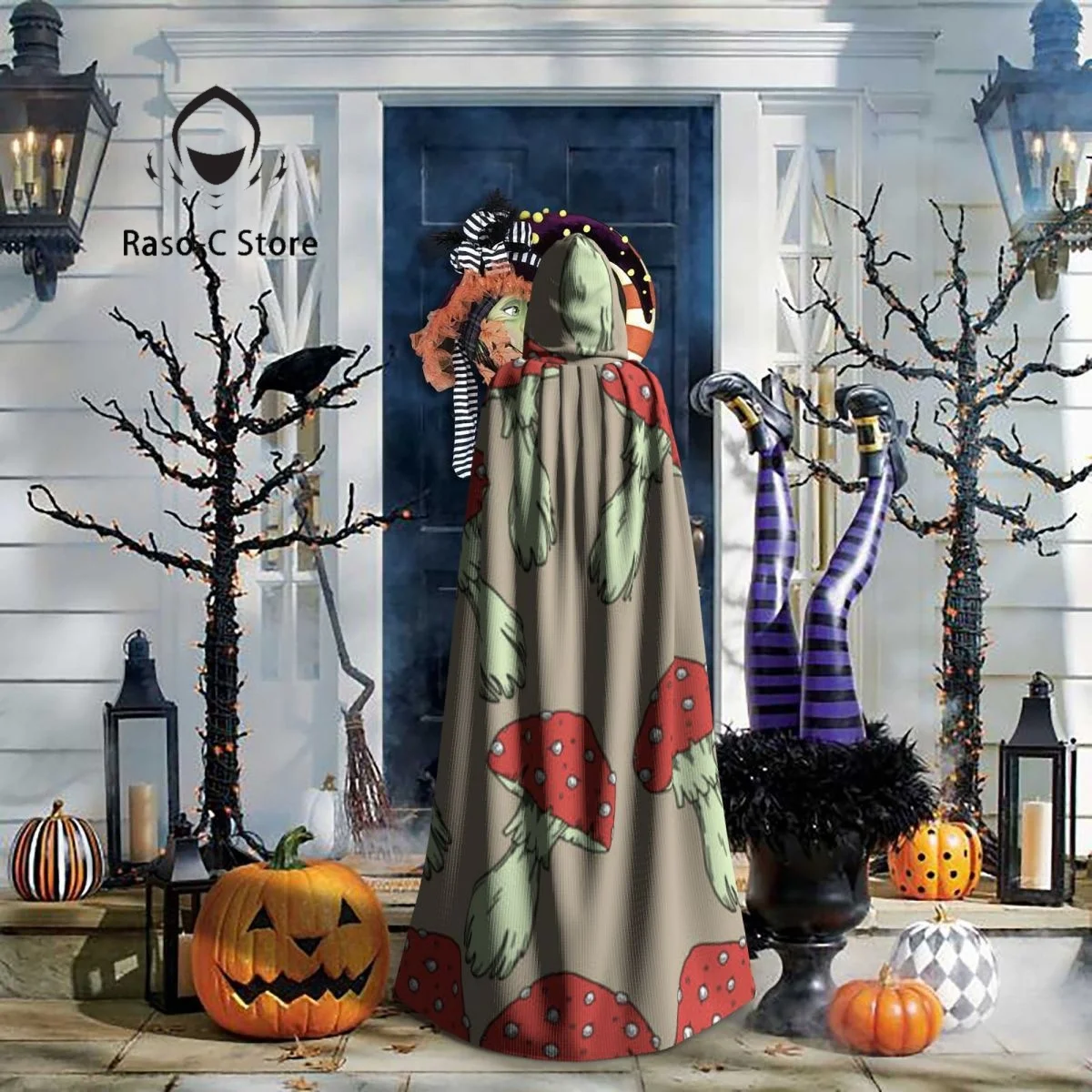 Длинная накидка плащ с капюшоном и агарическим рисунком грибов пальто осенние