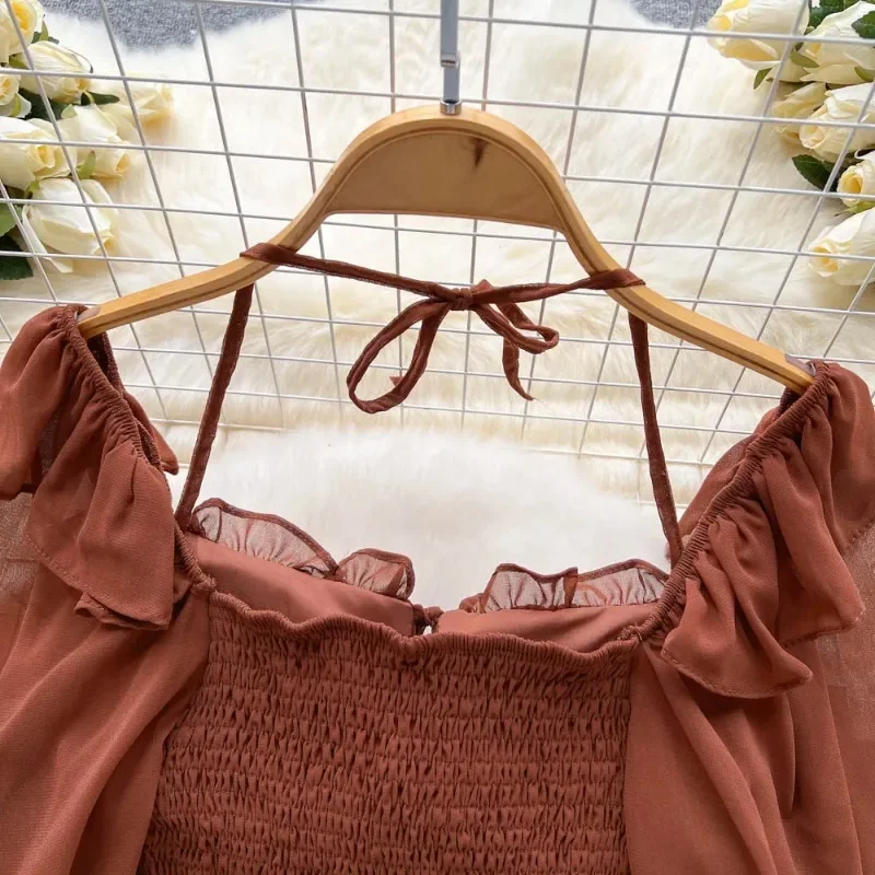 SINGREINY-шифоновые топы с расклешенными рукавами для женщин рюши однотонная