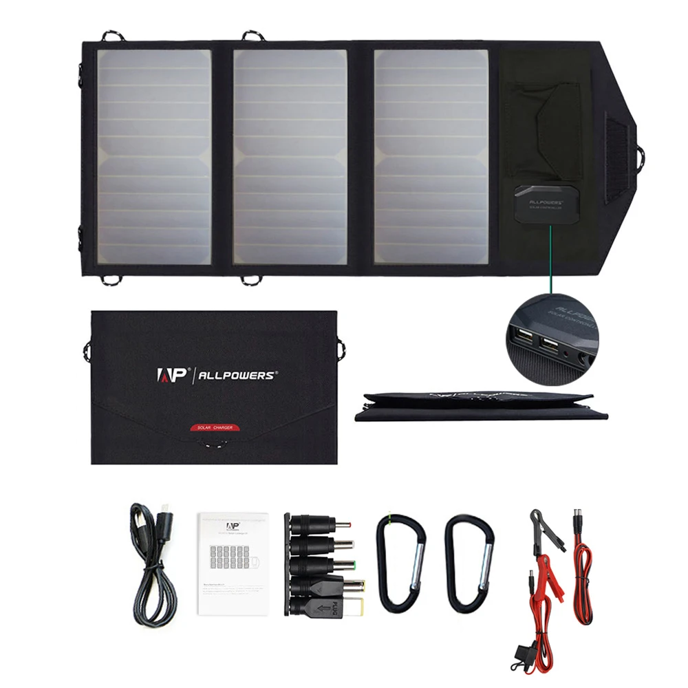 Зарядное устройство с солнечными панелями ALLPOWERS, 5 В, 18 в, 21 Вт, для iPhone 11, 12, 13, 14, 15 Pro, iPad, планшетов, дронов, камер, ноутбуков и т. д.