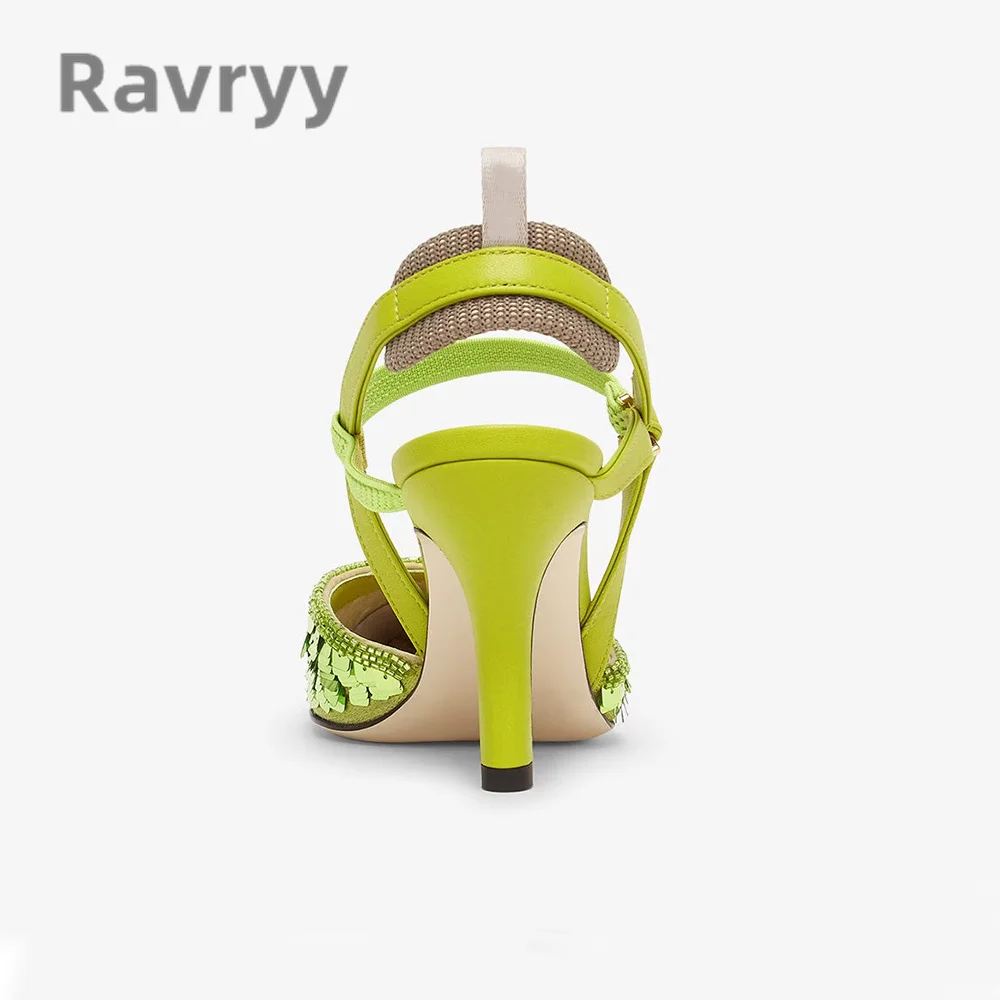 2023 Summer New Pointed Toe Slim Heel Sequins Side Open Fashion Sandals Women's Versatile Leisure Slip-On High Heels Shoes