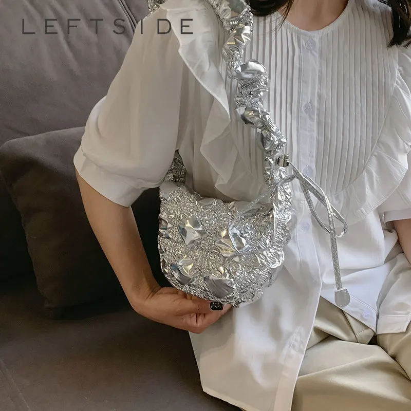 

LEFTSIDE Casual Shiny Silver Quilted Hobo Shoulder Side Bag for Women 2023 Korean Designer Nylon Padded Handbags Soft Puffy Bag