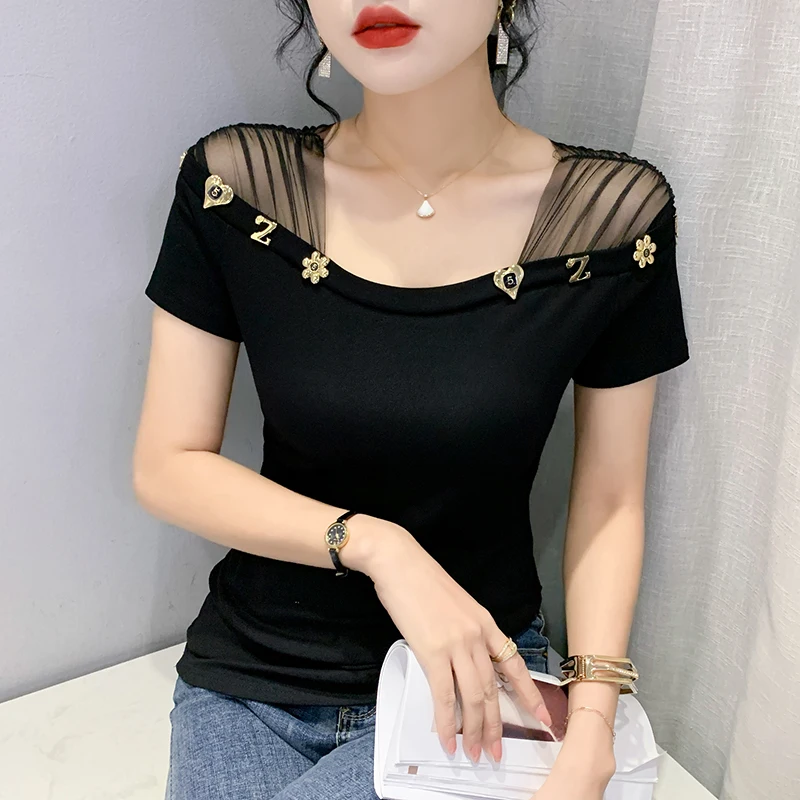 

2022 Summer New Women's Tops Fashion Casual Short Sleeved Mesh T-Shirt Elegant Slim Square Collar Beading Blusas