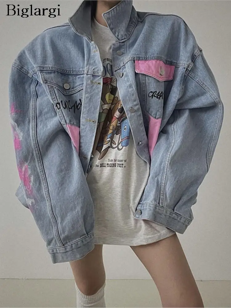 

Denim Autumn Letter Graffiti Print Coat Women Fashion Casual Korean Loose Ladies Jackets Long Sleeve Woman Jackets Coats 2023