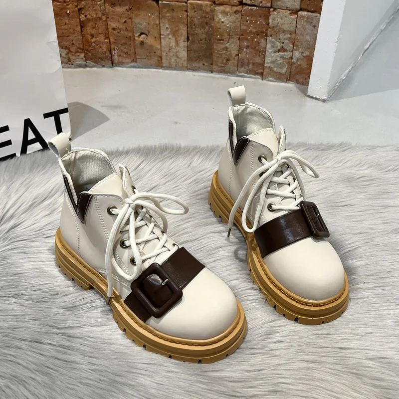 

Женские ботильоны на платформе и толстом каблуке, однотонные осенние полусапожки в британском стиле, на шнуровке, 2022