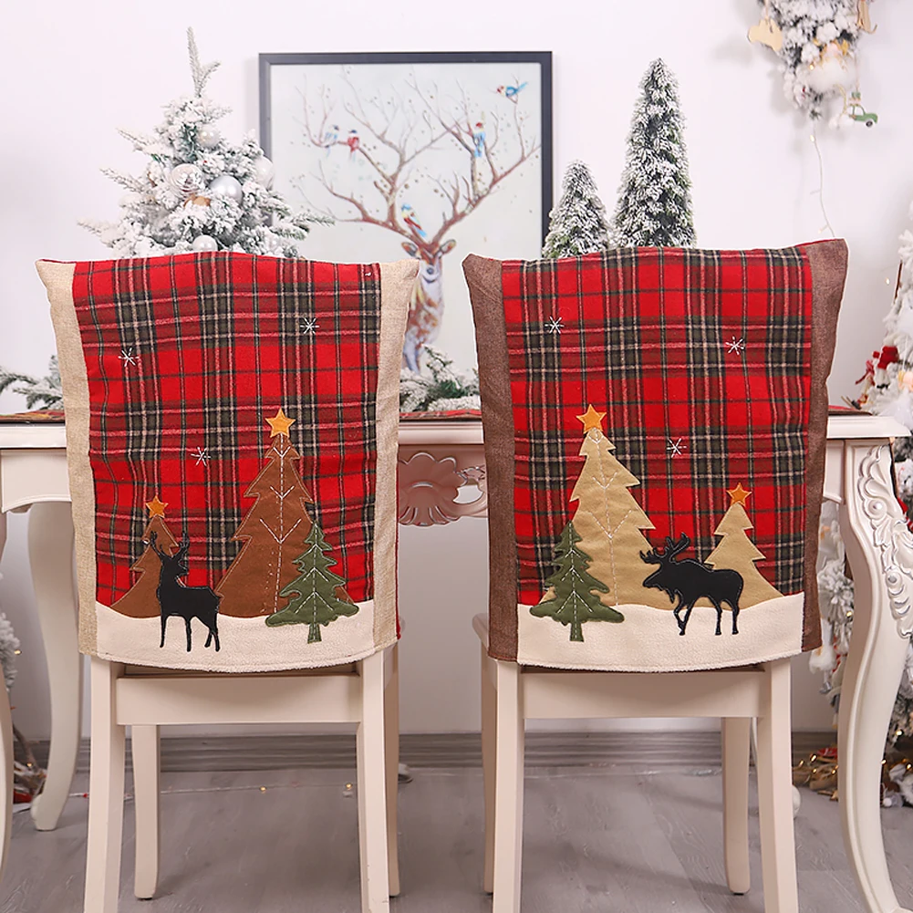 

Christmas Chair Back Cover Christmas Forest Plaid Elk Chair Cover Christmas Home Restaurant Atmosphere Decoration