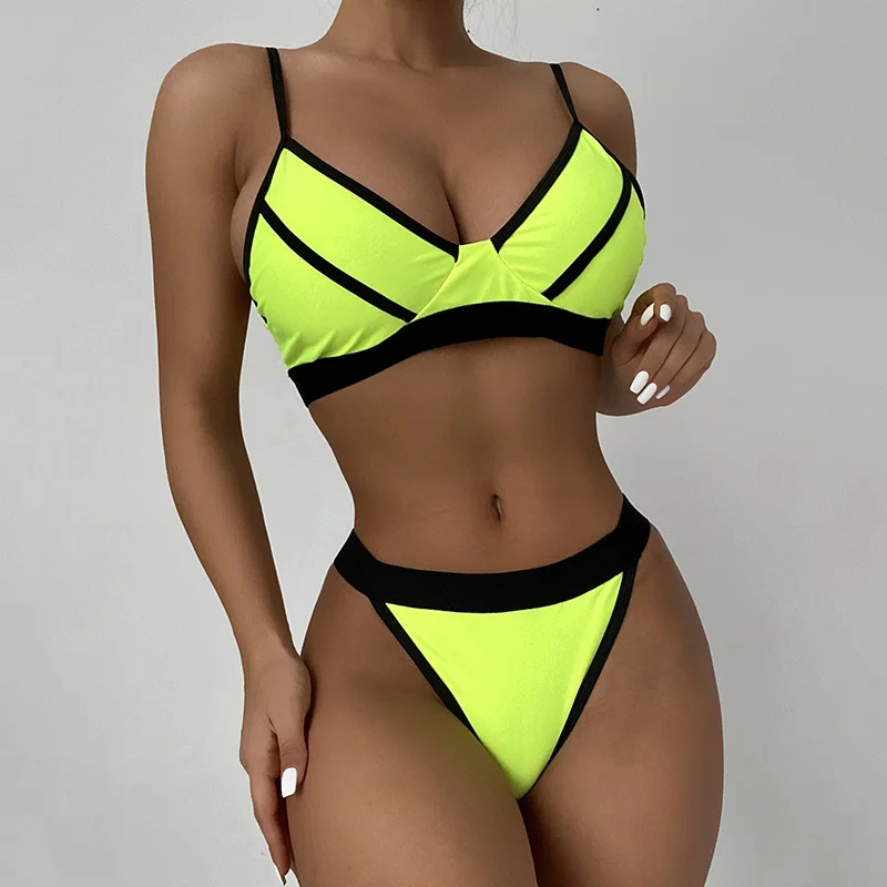 

2022 Sexy Splicing High Cut Neon Bikini Women Swimsuit Female Swimwear Two-pieces Bikini set Bather Bathing Suit Swim Beachwear