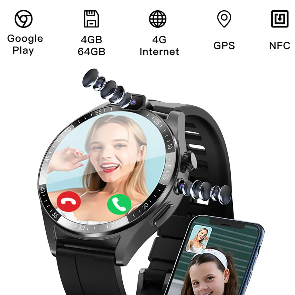 4G LTE Smart Watch Men NFC Android 1.43 HD Screen 5MP Dual Camera 4GB+64GB WIFI GPS Google Play SIM Card Waterproof Smartwatch