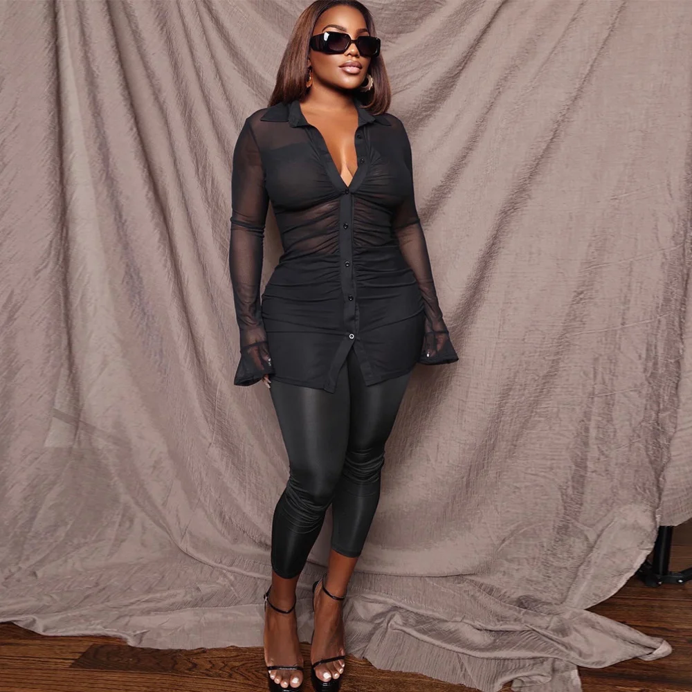 

New Tight Sexy Perspective Blouse For Women Sexy Perspective Mesh Long Sleeve Two Piece Nightclub Suit