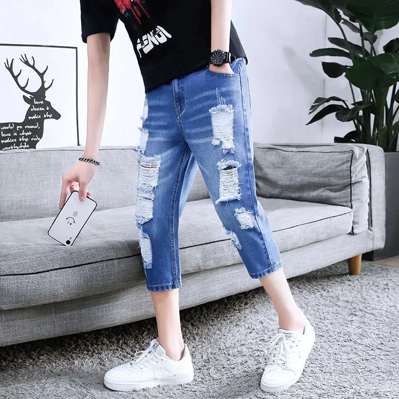 2023 New Cropped Jeans Men's Spring and Summer Thin Broken Men's Korean Version Slim Pants Trend Men's Denim Shorts  Jeans Men