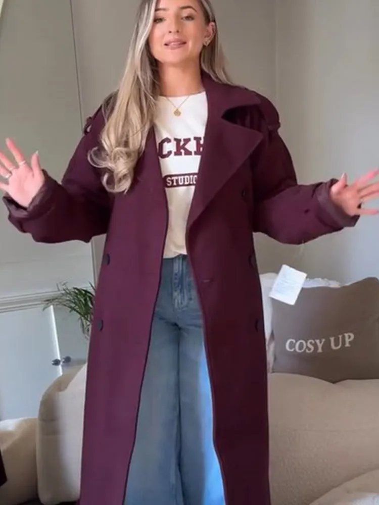 Женская шерстяная куртка на шнуровке однотонная двубортная длинная с отложным