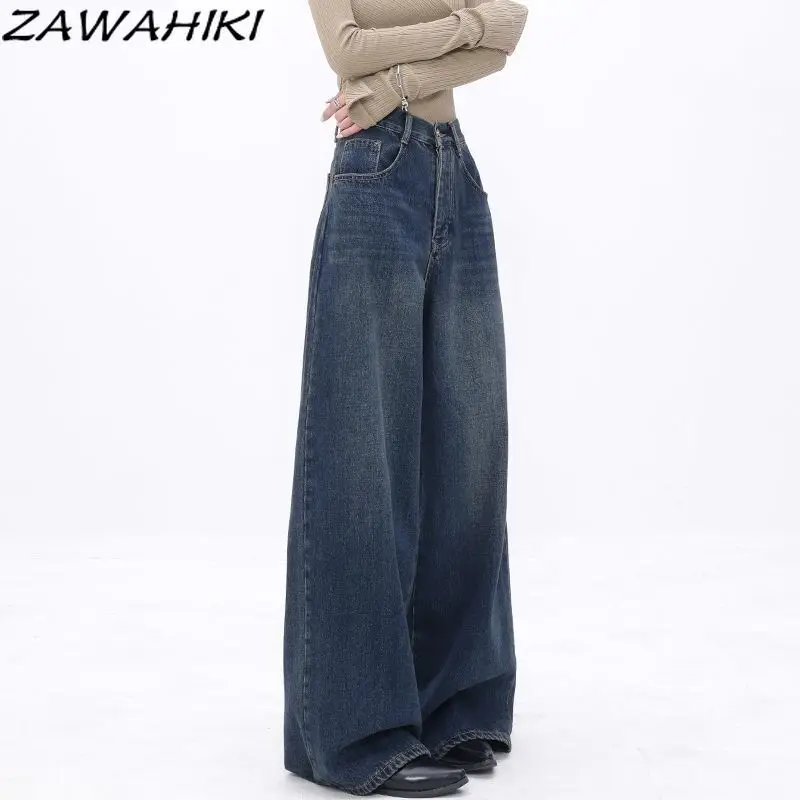 

Свободные широкие однотонные минималистичные джинсовые брюки zawхиты для женщин, новинка на весну-осень, свободные американские уличные штаны Y2K в эстетике