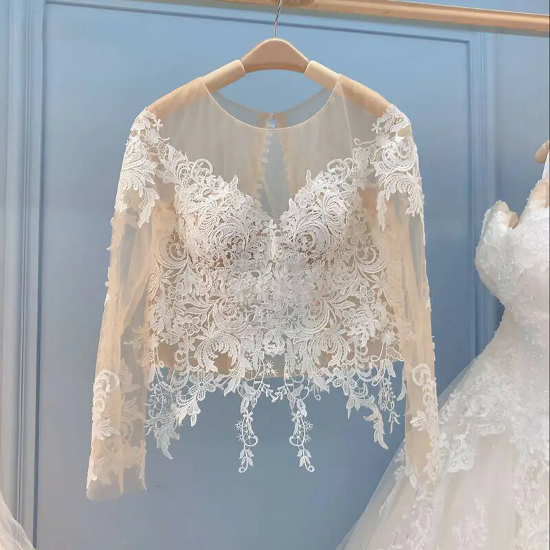 

Long Sleeve Wedding Bridal Lace Top Jacket Appliques Bridal Party Coat Scoop Bolero Removeable Shawl