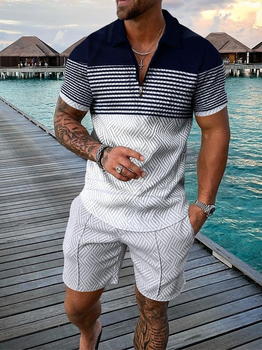 2023 New Summer Men's Shorts Set Short Sleeve Zip Polo Shirt Street T-shirt Two Piece Casual Sportswear