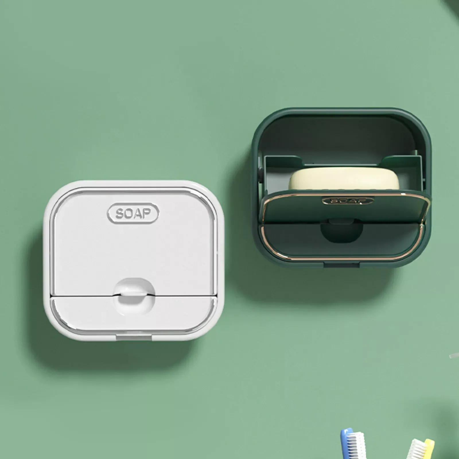 

Wall Mounted No Punch Soap Dishes With Lid Stand Container Drain Soap Bathroom Accessories Self Adhesive Storage Box