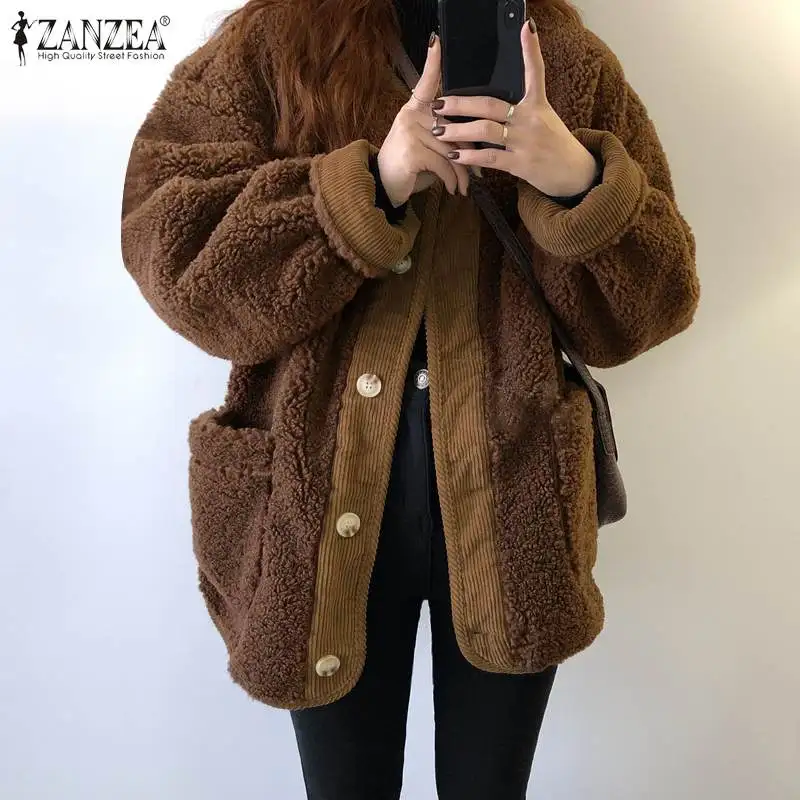 

ZANZEA Fashion Velvets Corduroy Jackets 2022 Spring Patchwork Plush Outwear Lady Brown Cardigan Oversize Women Casual Solid Coat