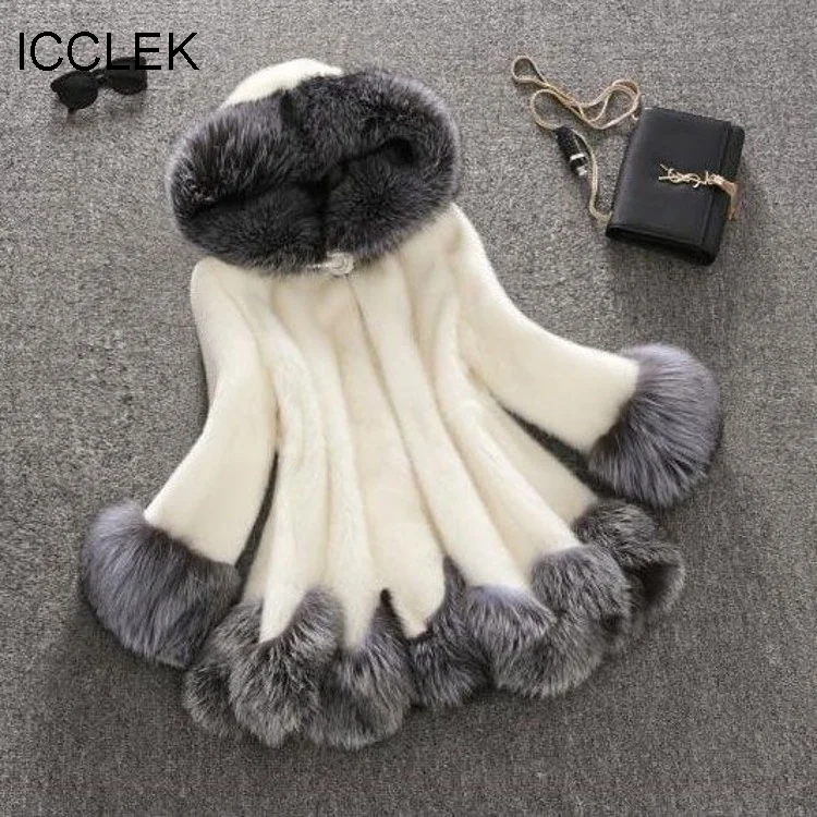 ICCLEK New 2018 imitation fur women's coat medium long hooded fox fur man made fur mink fur coat
