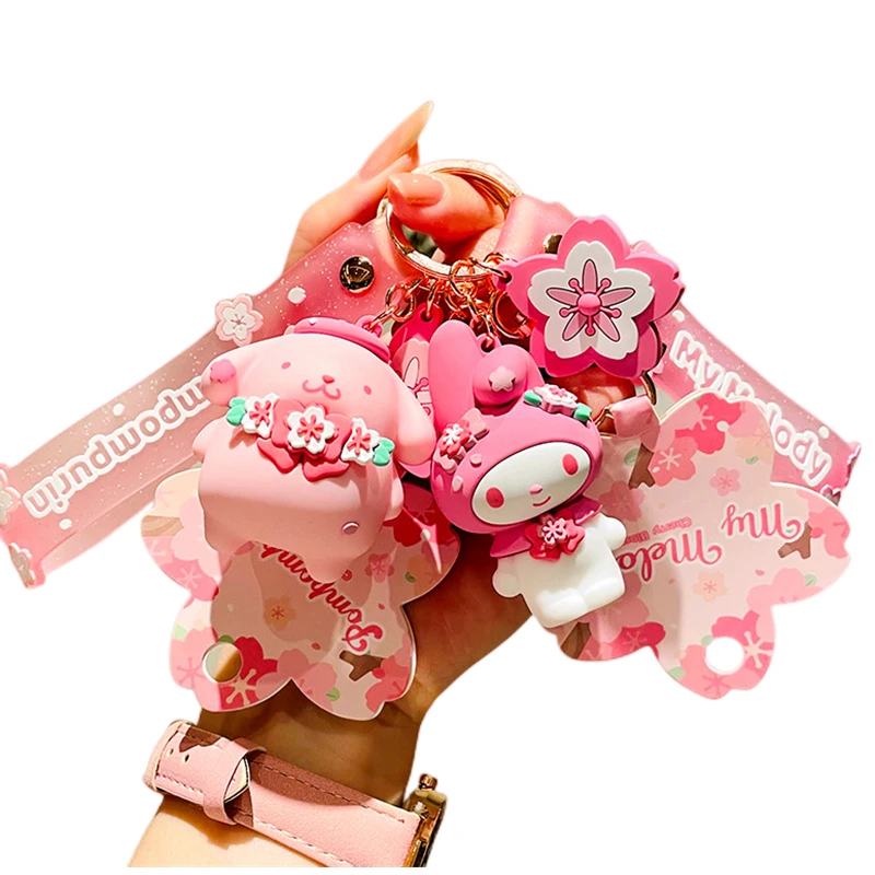 

Kuromi Melody Pom Pom Purin Pink Flower Keychain Creative Exquisite Female Pink Doll Schoolbag Small Gift Pendant