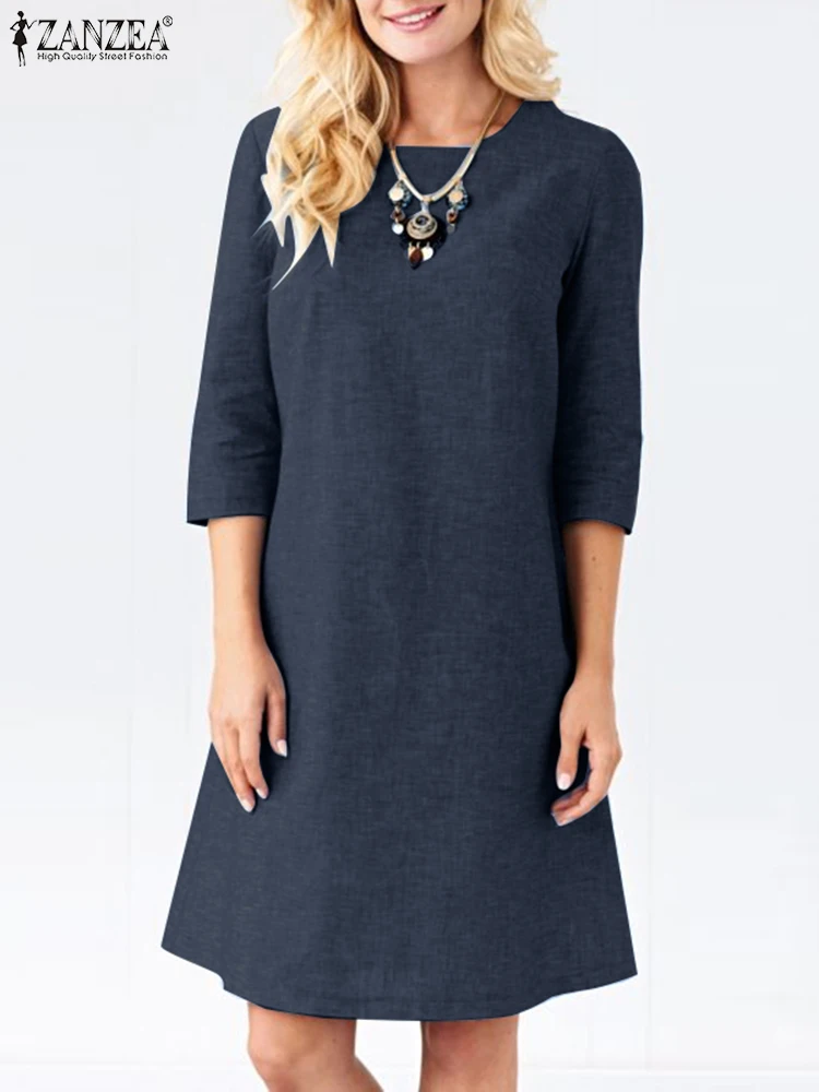 

ZANZEA Elegant Summer Dress Women O Neck 3/4 Sleeve Solid Vestidos Holiday Work Sundress Knee-length Fashion Dresses Robe Femme