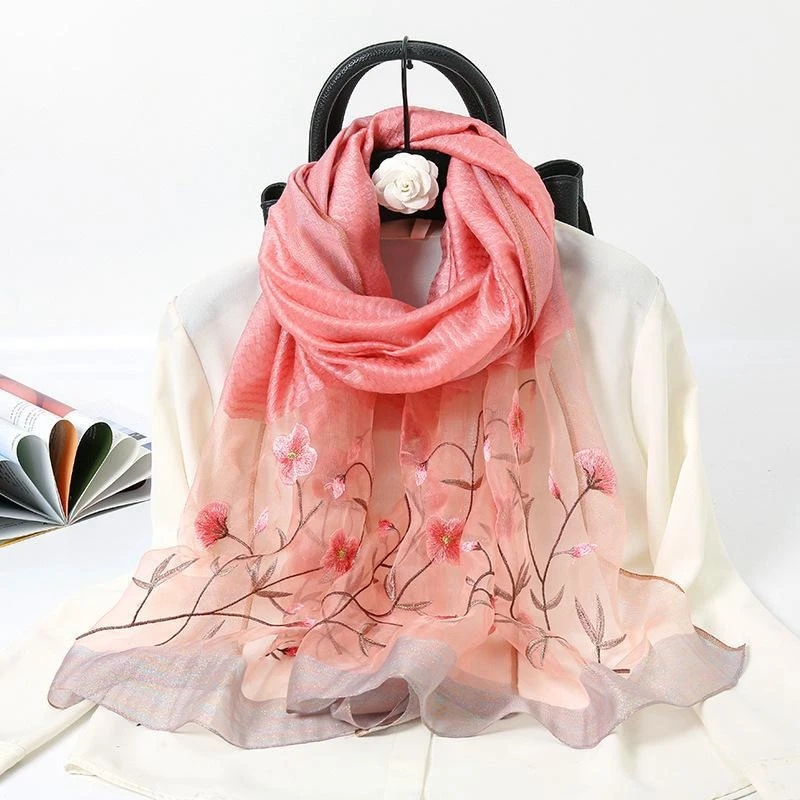 

Autumn And Winter New Silk Wool Embroidered Scarf Silk Wool Embroidered Mulberry Silk Scarf Elegant Temperament Thermal Shawl