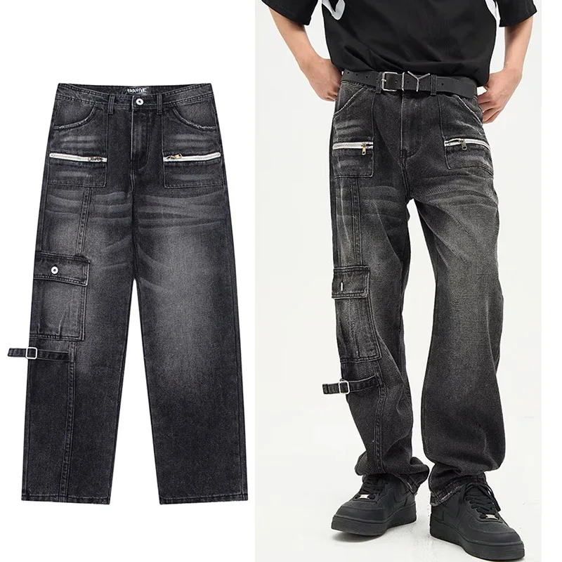 

Harajuku Vintage Tie Dye Black Functional Loose Jeans Men's Streetwear Gothic Punk Rock Oversized Casual Straight Pants Women